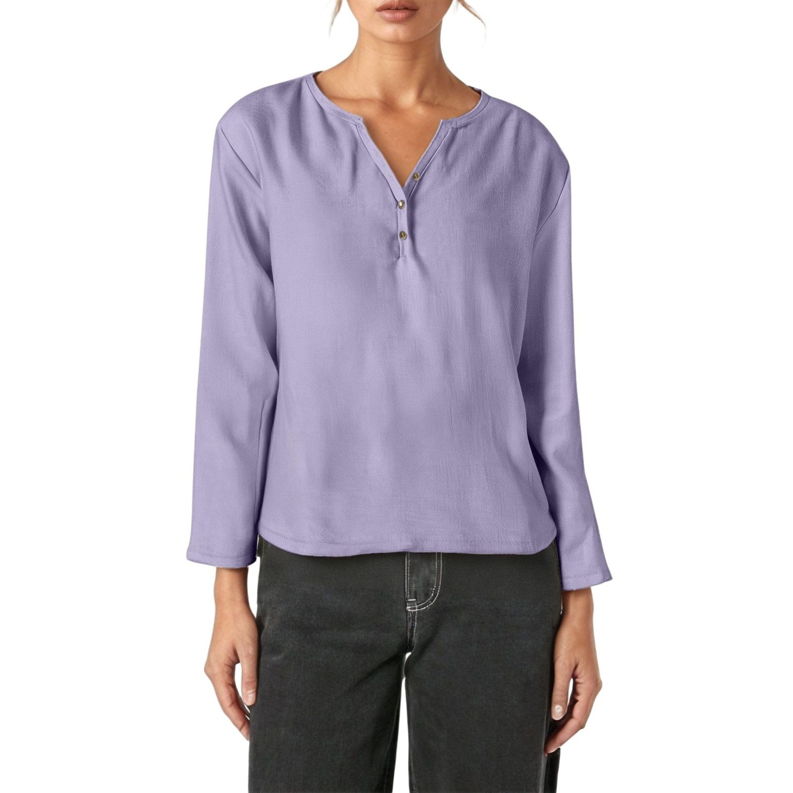 thumbnail image 1 of Camiseta informal de manga larga y cuello en V - Elegante cuello en V, color versátil, tejido cómodo, 1 of 5